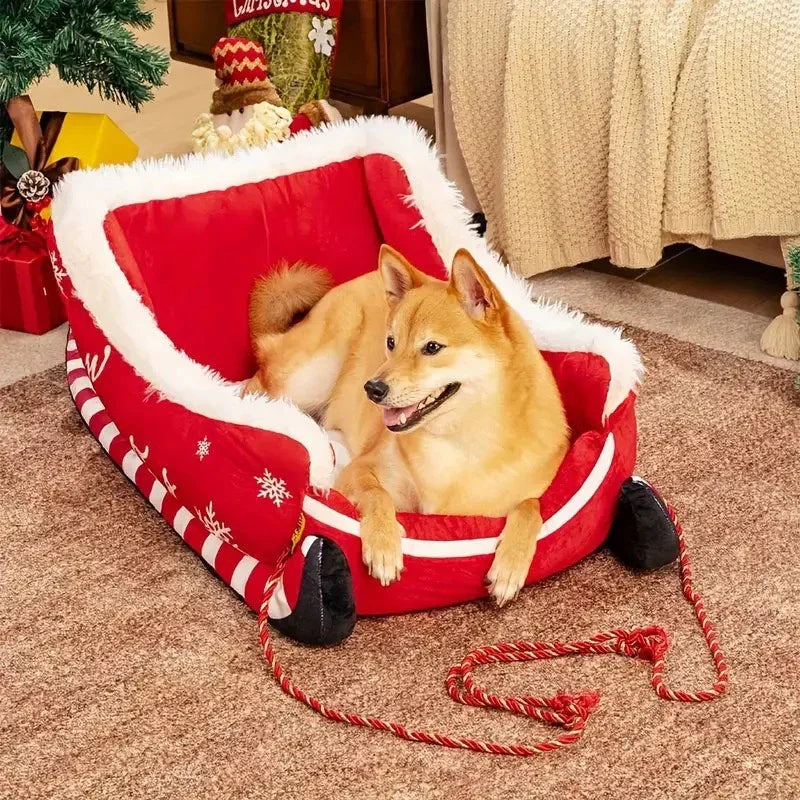 Christmas Sleigh Plush Cozy Dog Bed