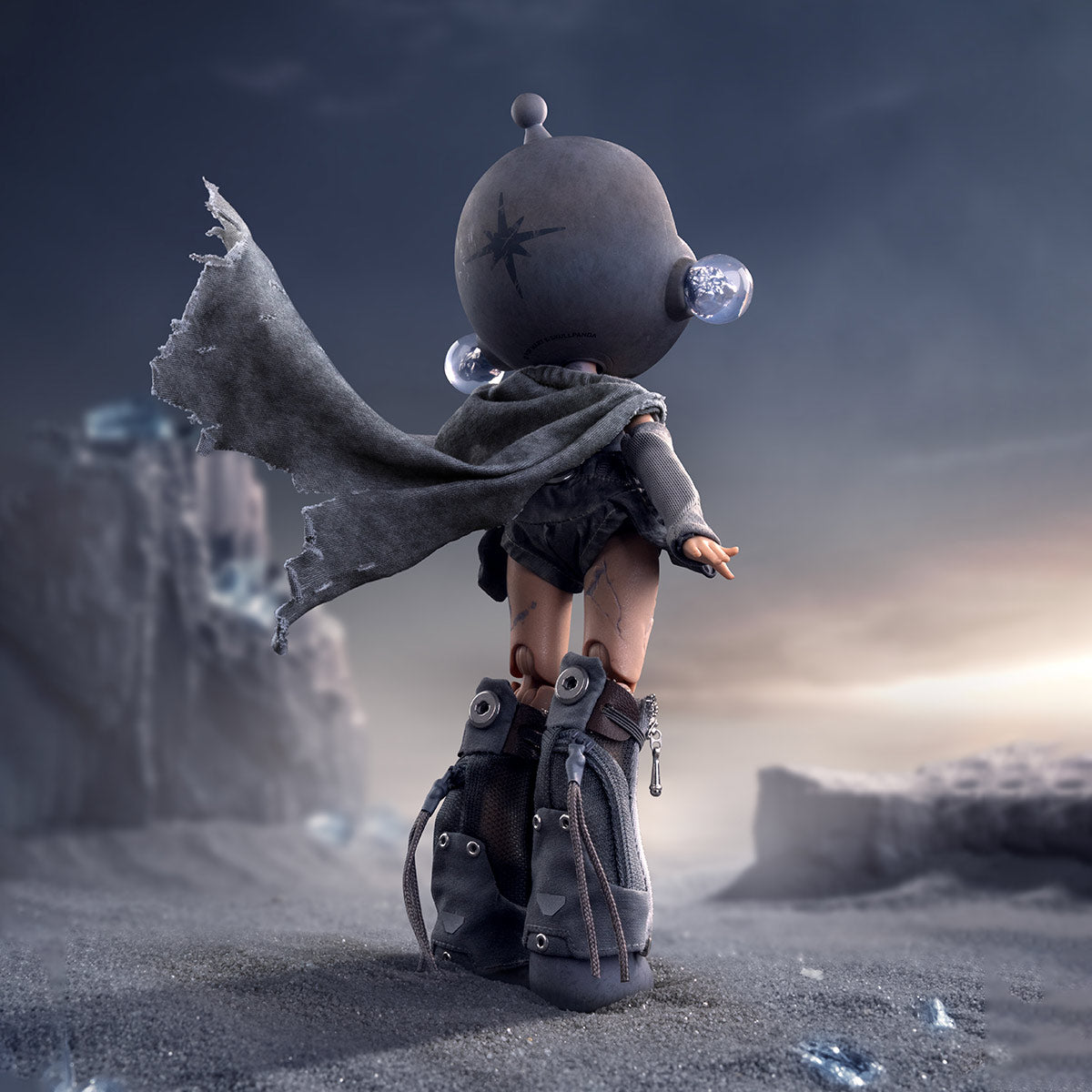 SKULLPANDA × HAMCUS 1/6 Action Figurewith a cape and backpack standing on a desolate landscape