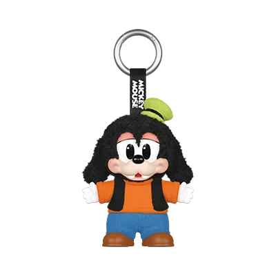 Plush keychain of a cartoon character with a green hat on a white background