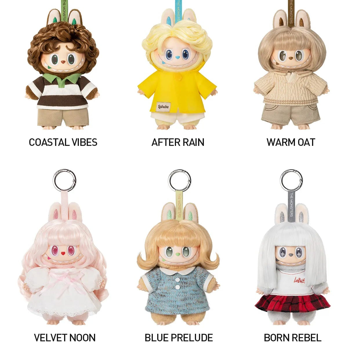 Set of character keychains with different designs on a white background