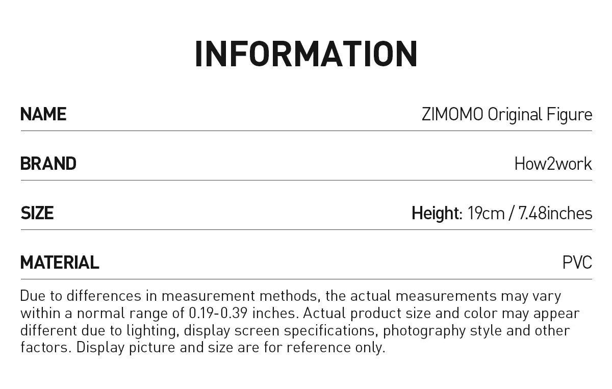 Product information sheet for the ZIMOMO Original Figure by How2work, showing dimensions, material, and a product size diagram with a gray rabbit-like figure on a white background.