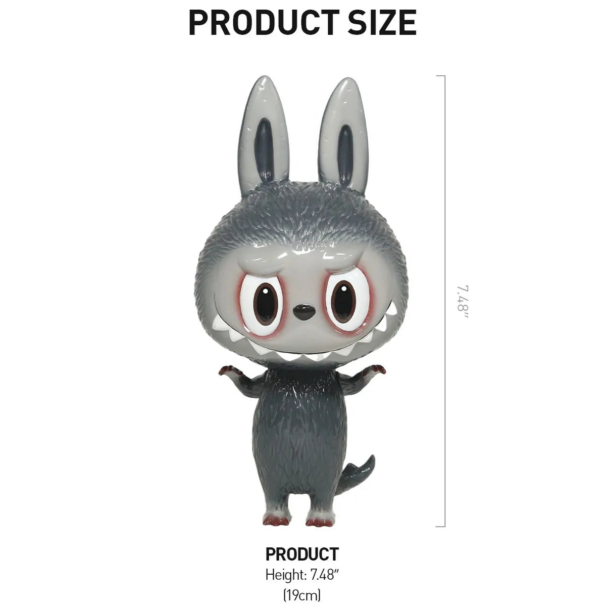 Product information sheet for the ZIMOMO Original Figure by How2work, showing dimensions, material, and a product size diagram with a gray rabbit-like figure on a white background.