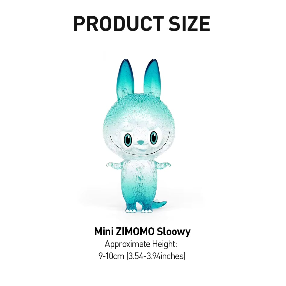 A product information sheet for the Mini ZIMOMO Sloowy by POP MART. The sheet includes a small light blue bunny character illustration, product name, brand, size (approximate height 9-10cm / 3.
