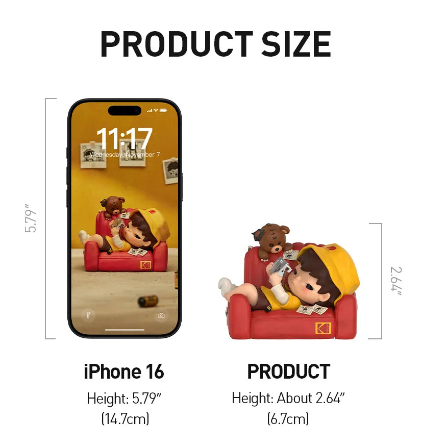 A product information graphic for a Pop Mart Hirono x Kodak Click Figure phone case. It features a text section with specifications (Name, Brand, Size, Material) and a product size diagram showing the figure's dimensions (approx.