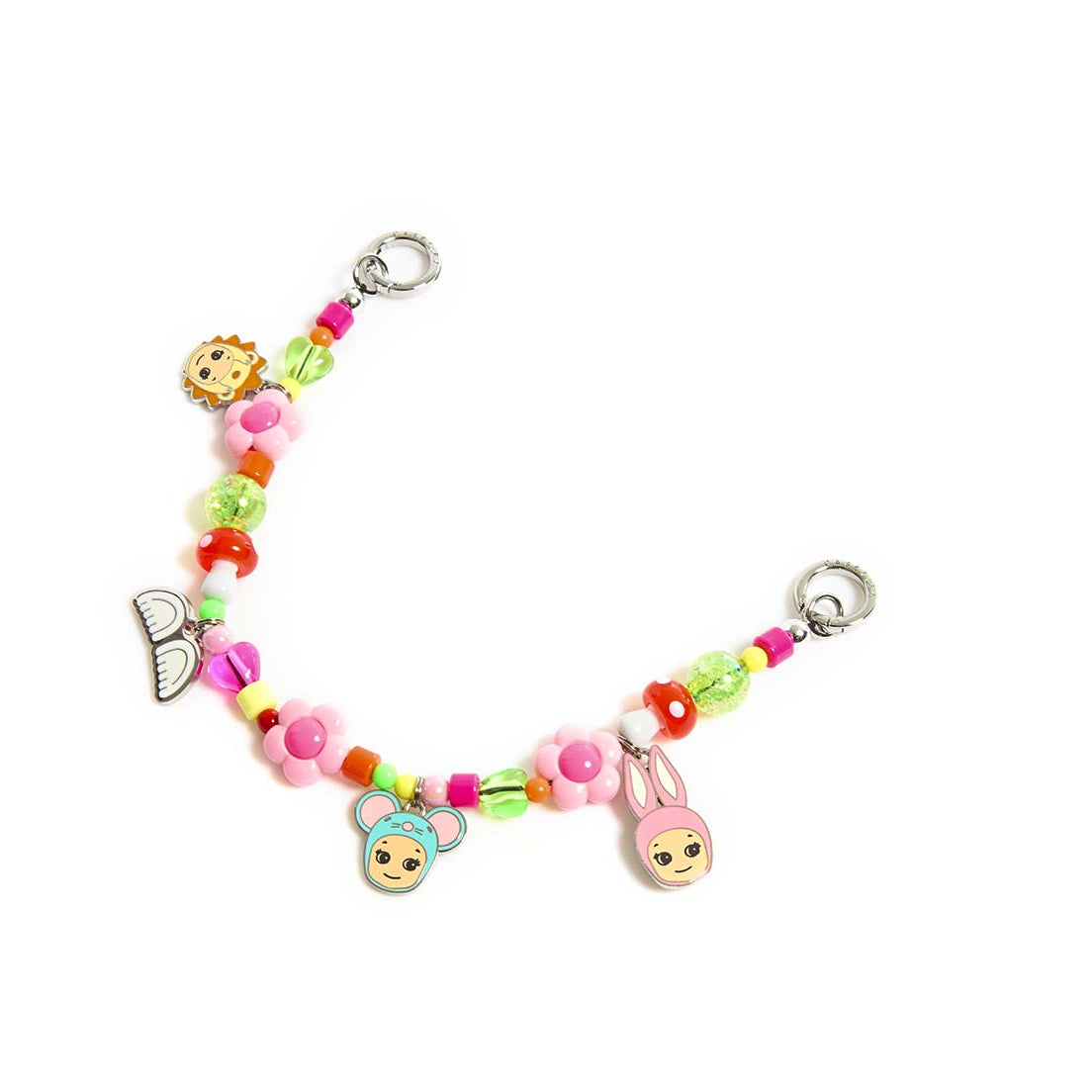 Colorful beaded charm bracelet with various charms on a white background