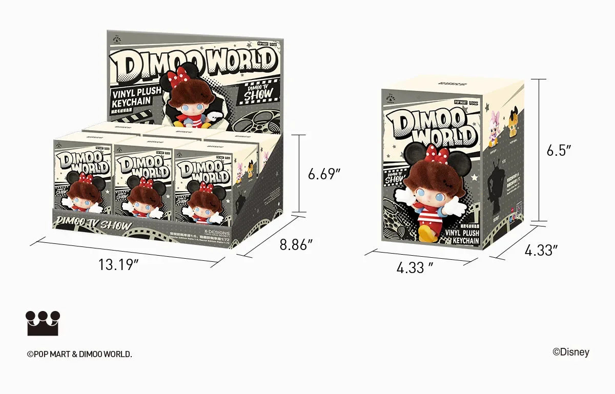 Dimoo World vinyl plush keychain packaging with dimensions displayed