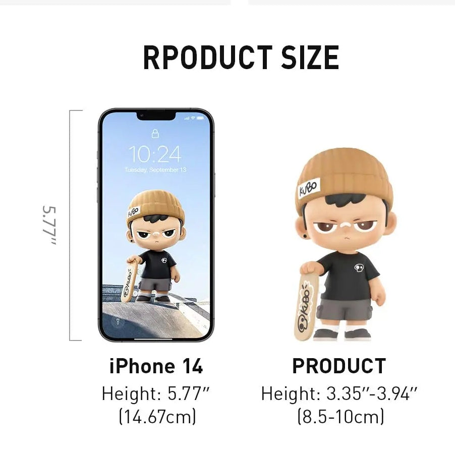 An infographic showing a blind box product set with multiple cartoon-style mini figures. The layout includes text sections labeled single box, whole set, product size, phone comparison, and three lifestyle photos of the figures on a beach and with a dog.