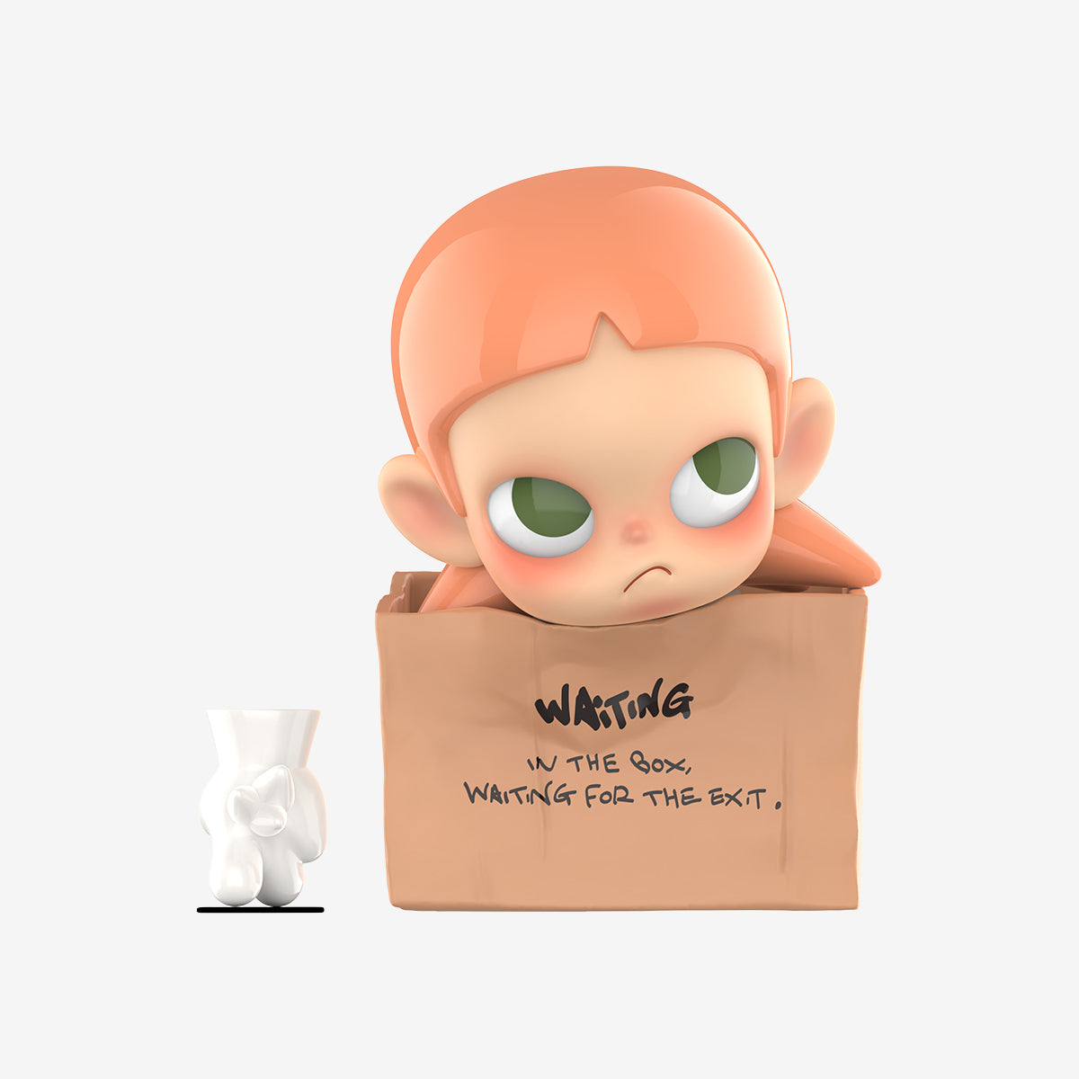Animated character with green eyes and peach hair emerging from a cardboard box with text on a white background
