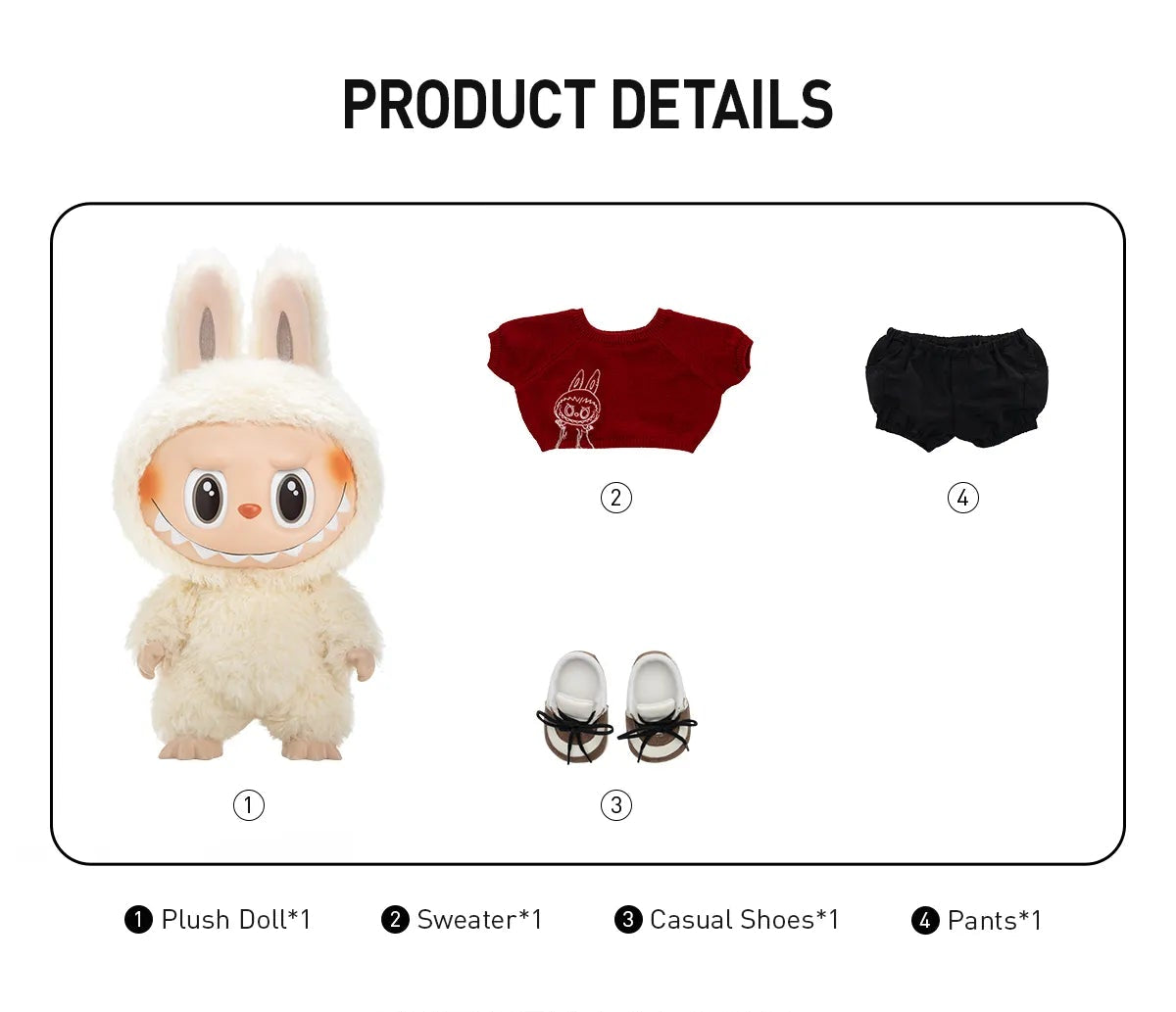 Product details of a plush doll, sweater, casual shoes, and pants with branding information.