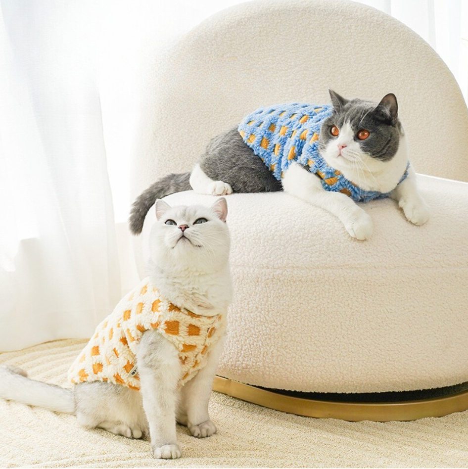 Zeze waffle winter warm pet clothes, checked cat vest cotton-padded jacket, dog small breed winter vest - ri-son