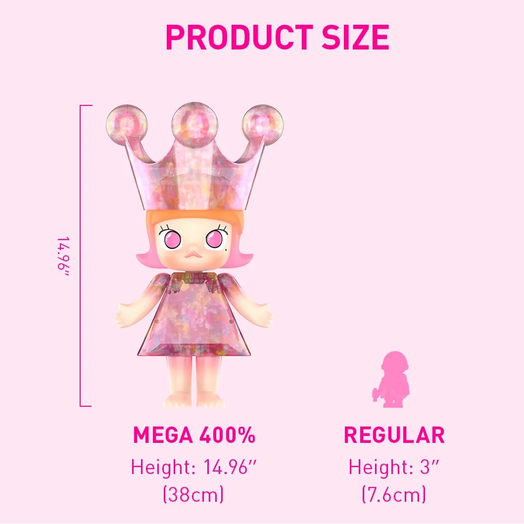 Pink product information graphic for a doll, showing front, side, and back views with text describing features such as a removable head, magnetic accessories, and size measurements labeled mega 400% and regular height.