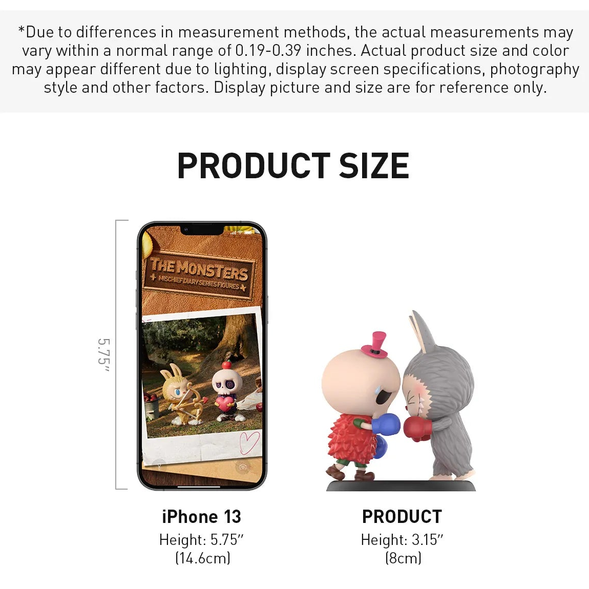Game rules and product size information for a figurine set with a smartphone for scale.