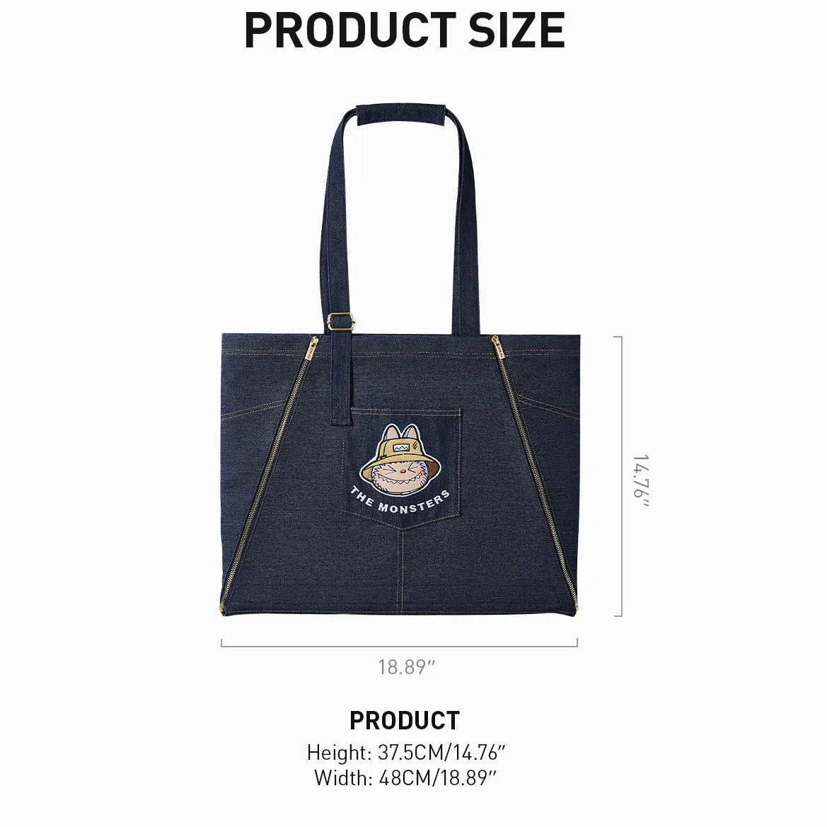 Denim shoulder bag with apron function, featuring Labubu branding.