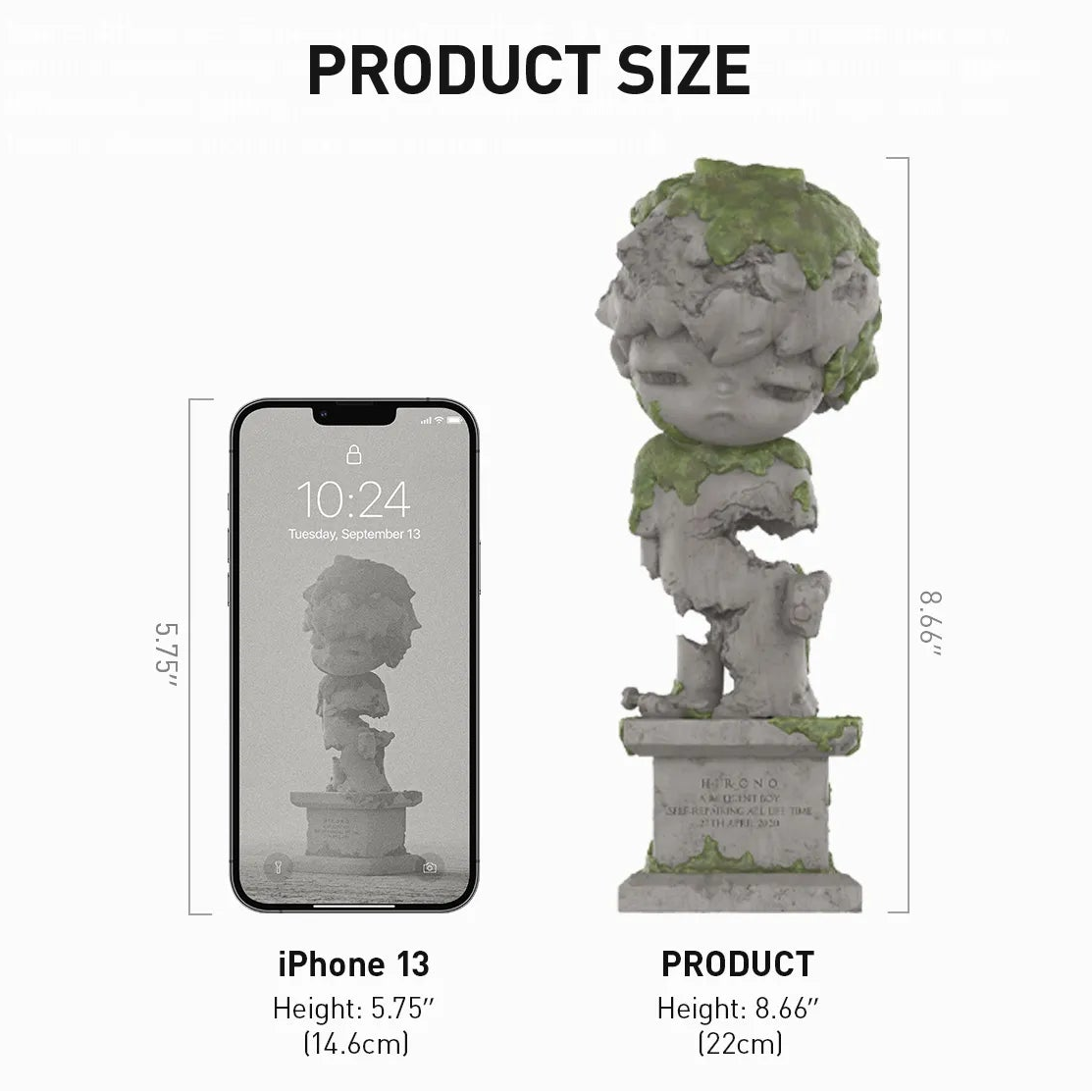 Product information card for a Hirono Reshape figurine with size comparison to an iPhone 13.