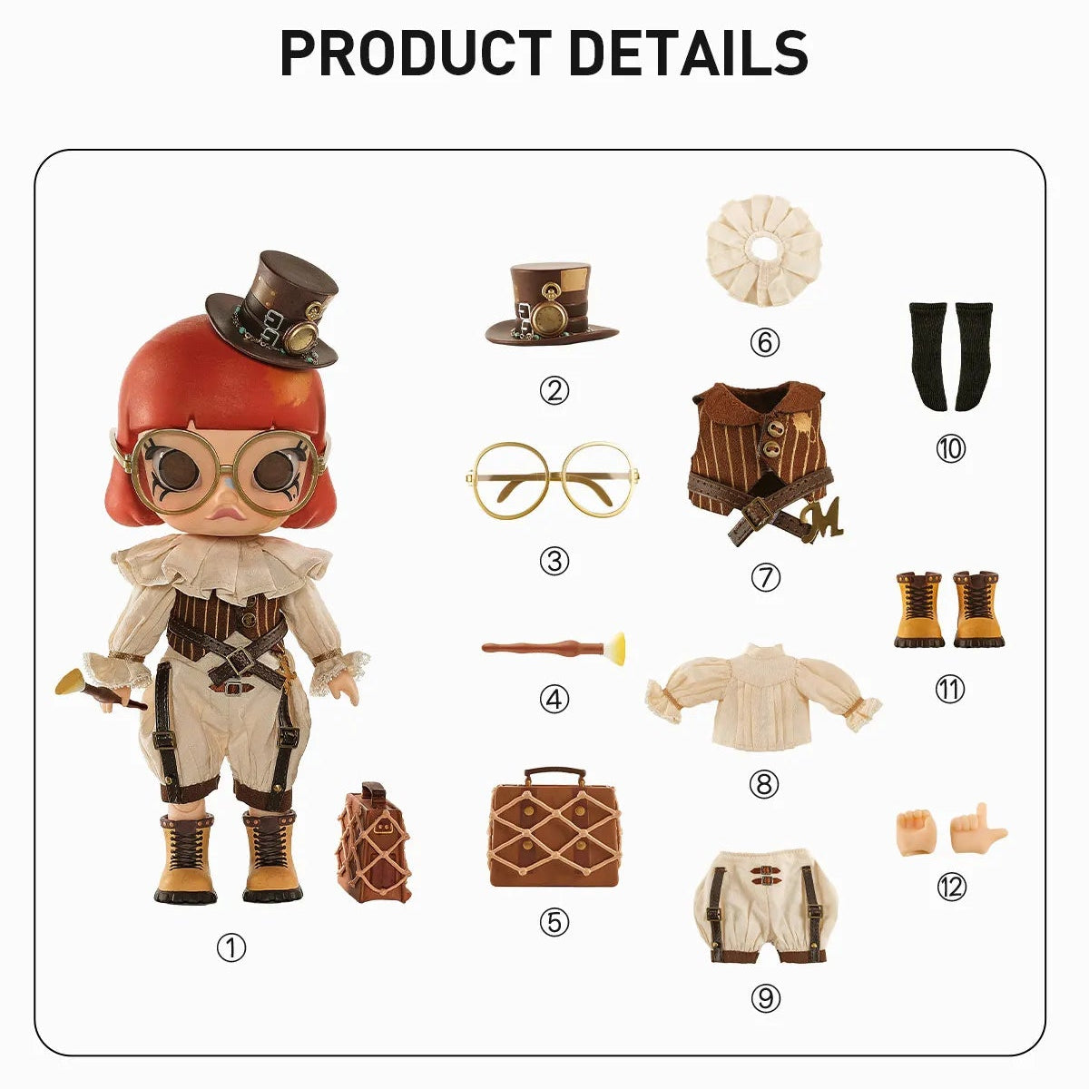 A product information sheet for a Molly Victorian Painter action figure, showing the brand, size, material, execution standards, product dimensions, a phone comparison, product details, and an accessory checklist.