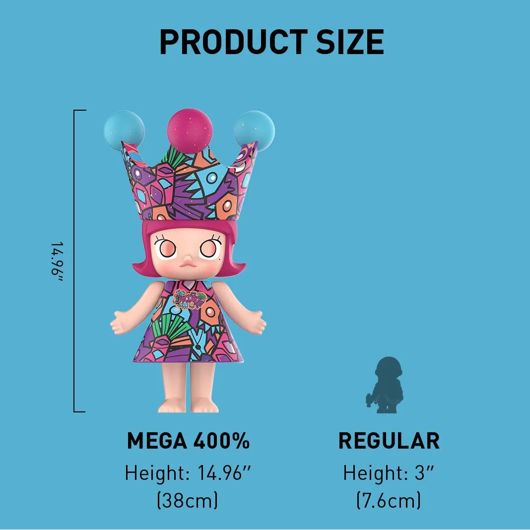Product details of a colorful figurine with movable arms on a blue background