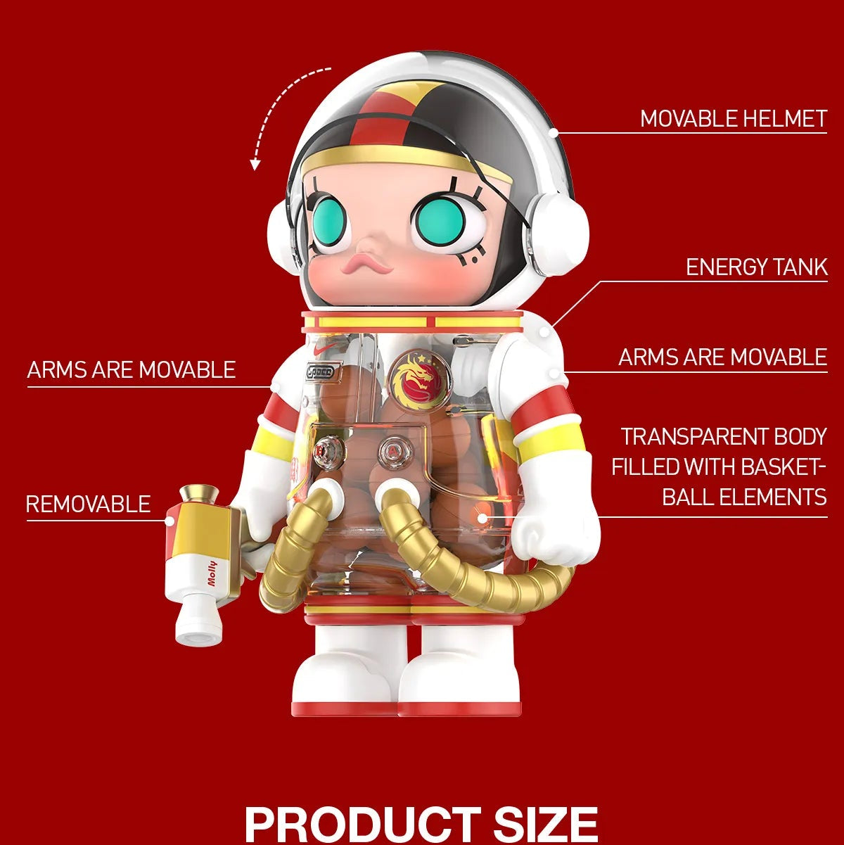 An astronaut toy figure shown on a red background with labeled callouts and size information. The image includes a large product view at the top, a smaller product size comparison at the bottom, and text noting movable helmet, arms, energy tank, transparent body, basket-ball elements, and measurements for regular and mega size.