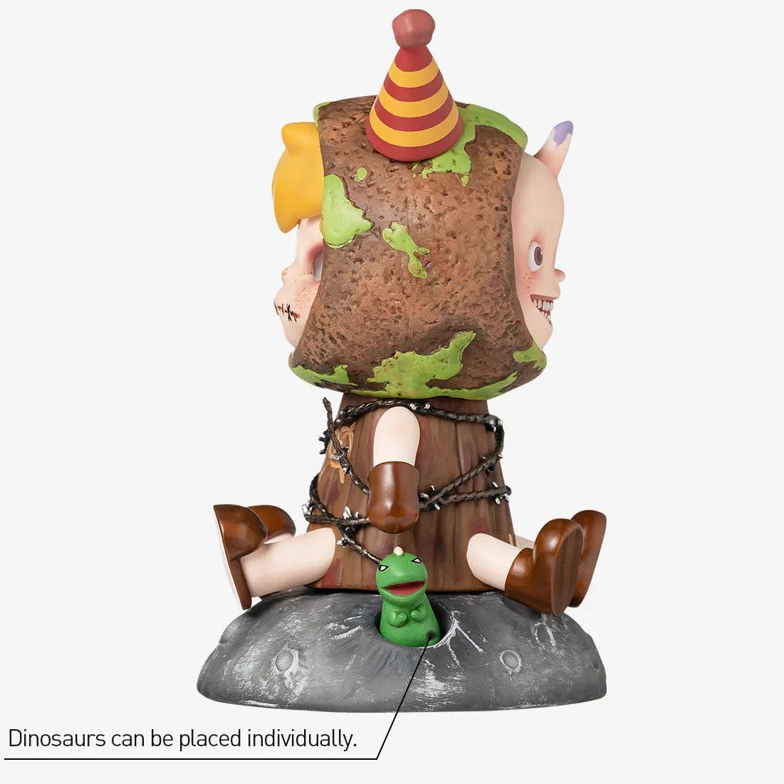 Animated character figure with detachable hat and base on a white background