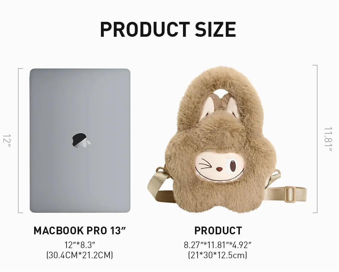 Product information card for a plush flower bag with dimensions and material details.