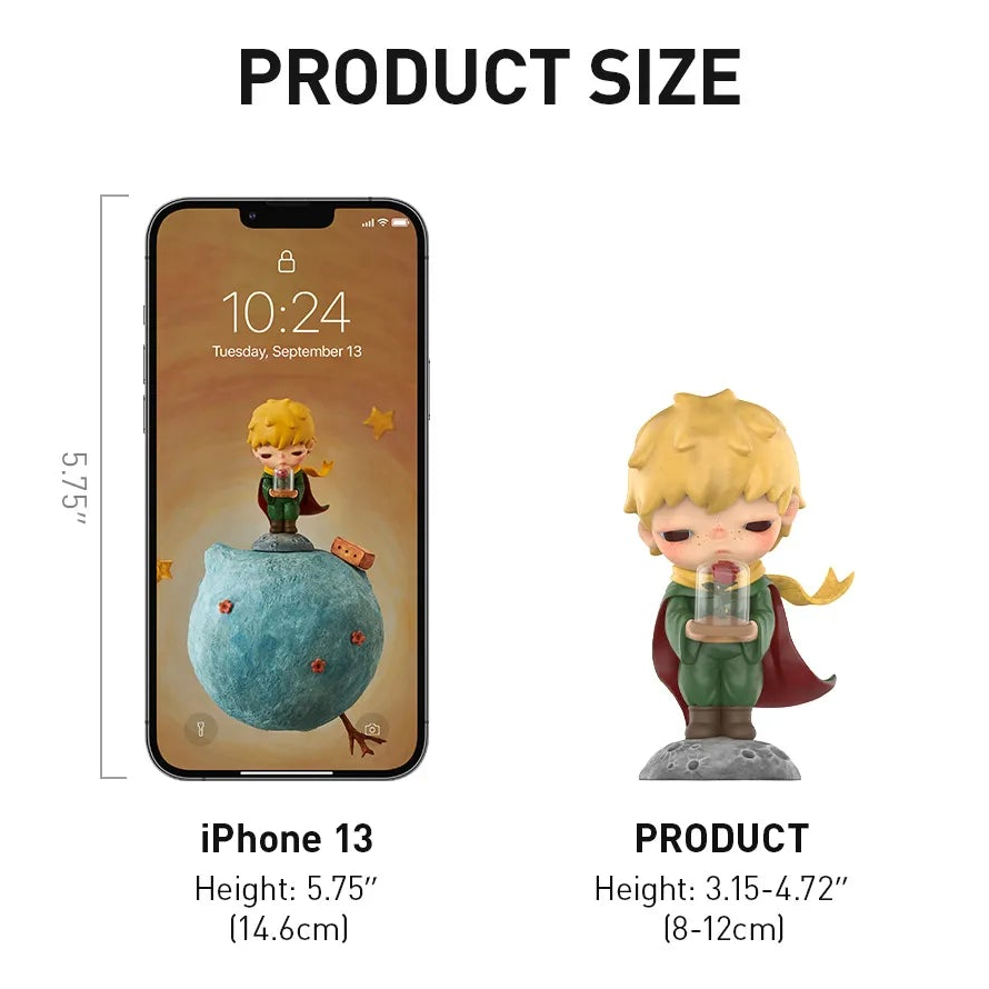 Product information sheet for Hirono Le Petit Prince series figures with dimensions and packaging details.