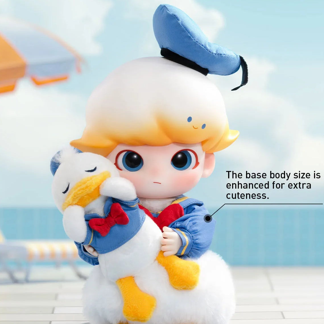 Plush toy with a base body size enhancement feature on a poolside background