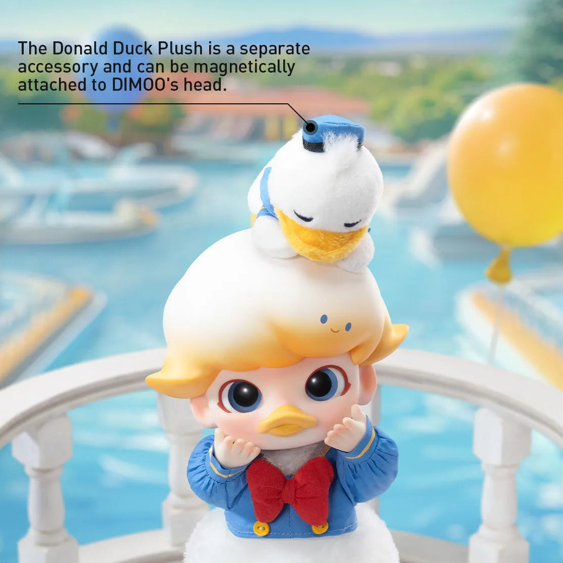 Toy figure of a character with a Donald Duck plush attached on a scenic background