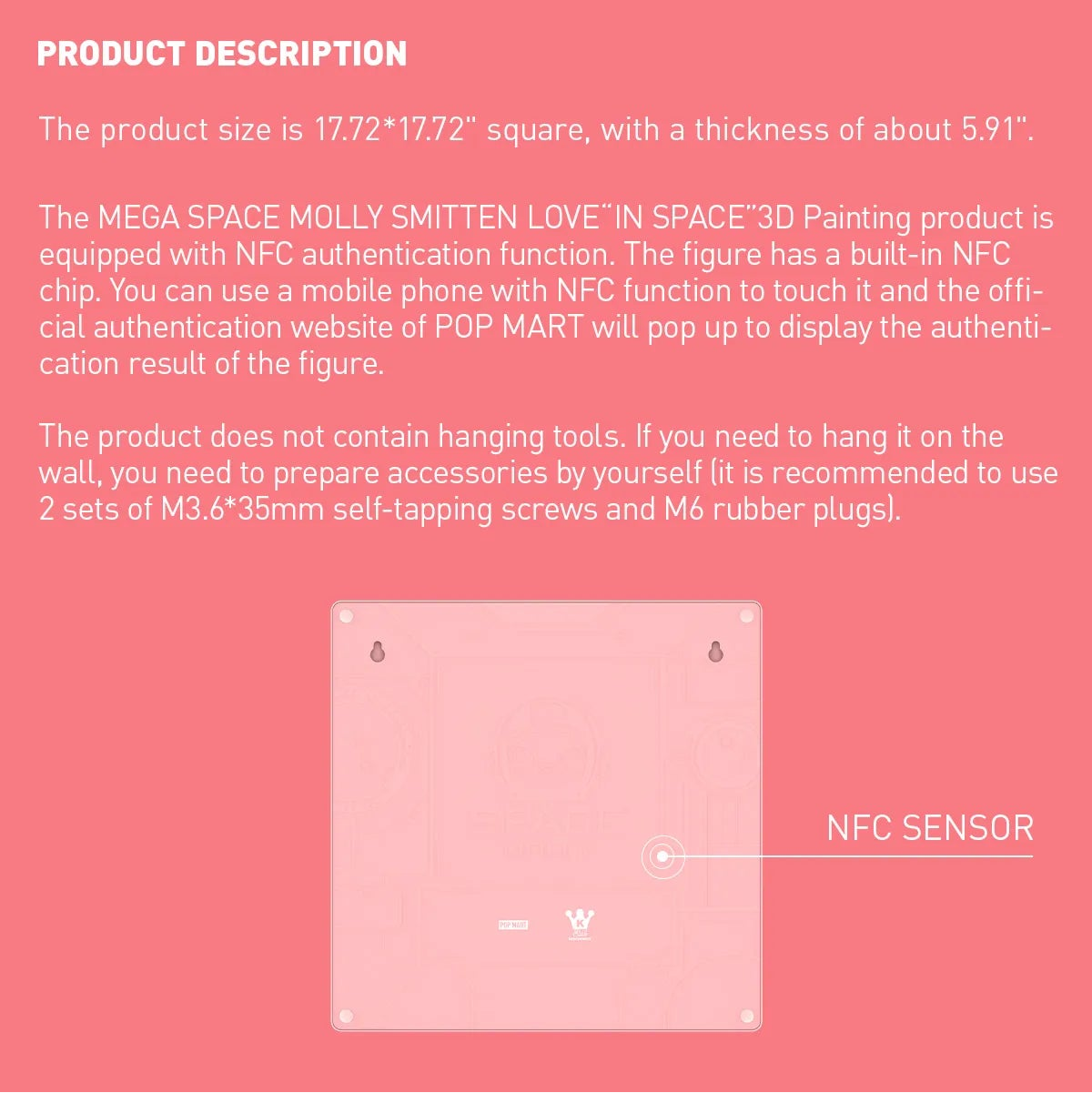 A pink informational product graphic showing a MEGA SPACE MOLLY SMITTEN LOVE-IN SPACE 3D Painting product kit, including a greeting card, polaroid photo, and instructions for using an NFC sensor and mounting kit.
