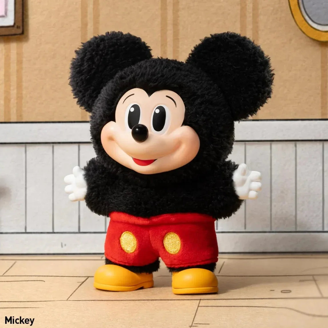 Collection of cartoon character plush toys with a focus on Mickey Mouse in a room setting.