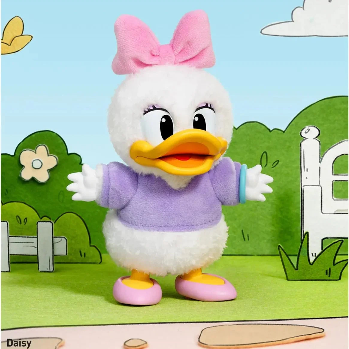 cartoon duck characters in outdoor settings with greenery and a clear sky.