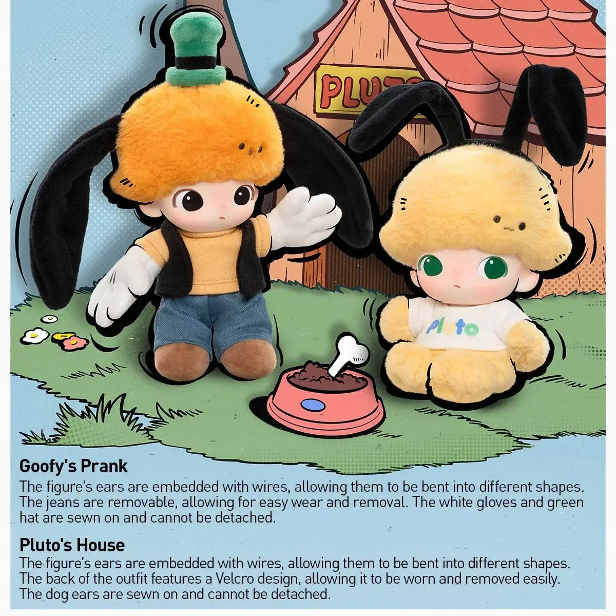 Two plush toys with a tree and house in the background