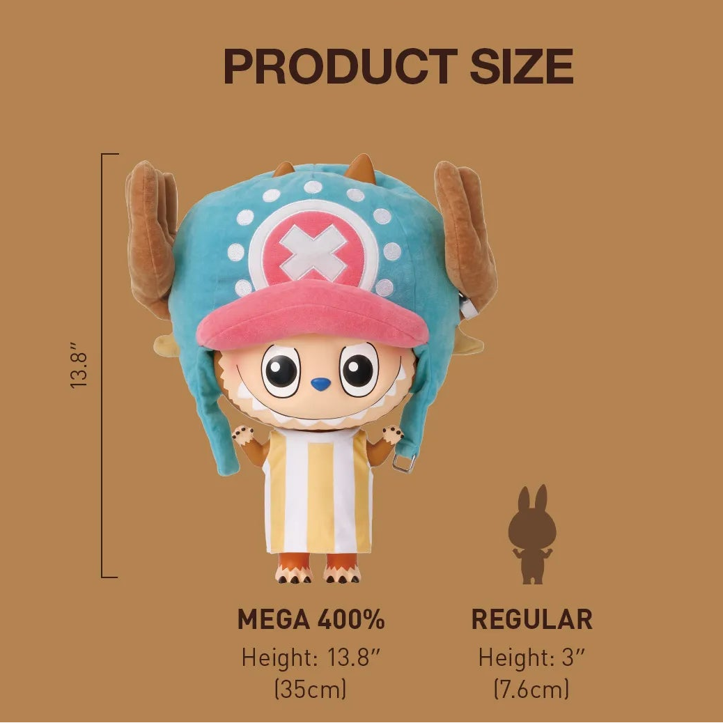 Product information card for a Tony Tony Chopper figurine with dimensions and material details.