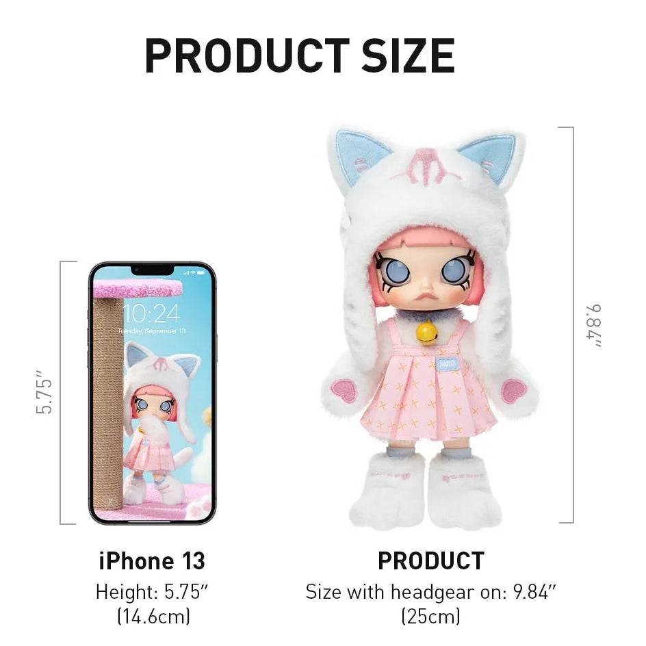 A product information sheet for the MOLLY Peekaboo 1/8 Action figure, showing dimensions, material, and a small product photo. The top section contains text with the name, brand, size, and material, while the bottom shows a product size comparison with an iPhone 13 and a labeled product figure in a pink outfit.