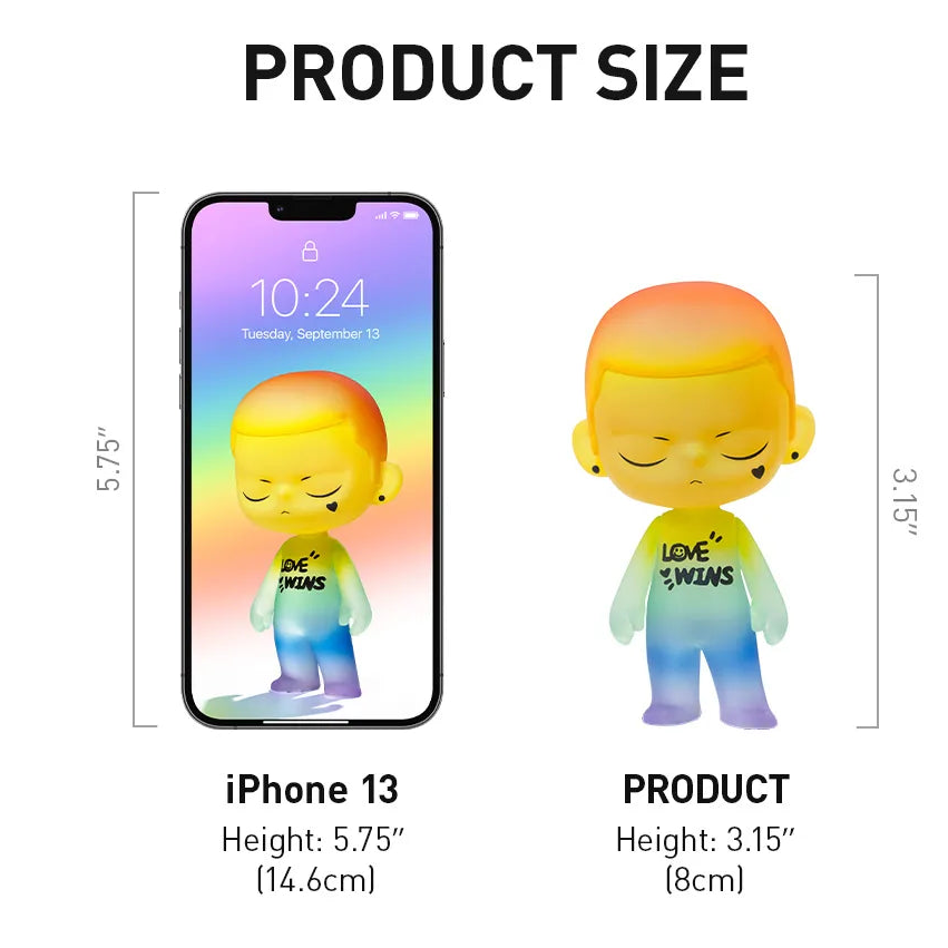 Product information card for a Kubo Love Wins figure with dimensions and branding details.