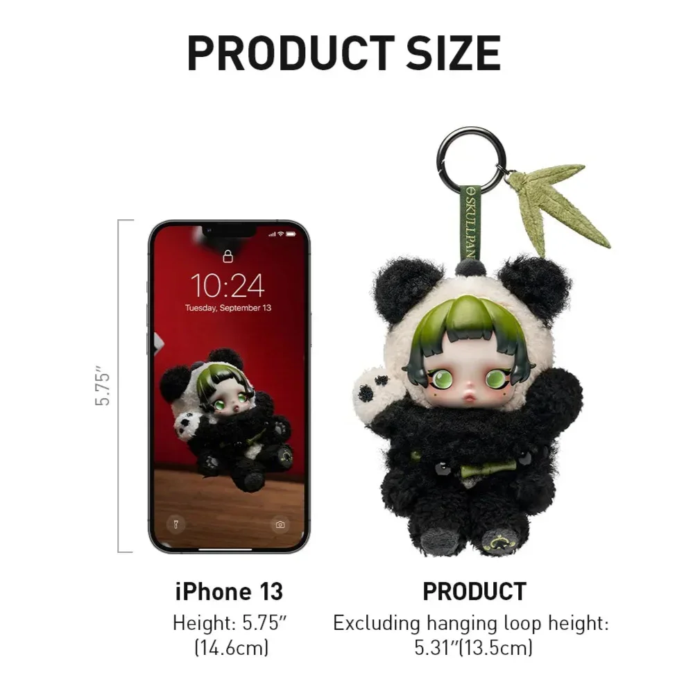 Product information card for SKULLPANDA Lazy Panda plush doll pendant with dimensions and brand details.