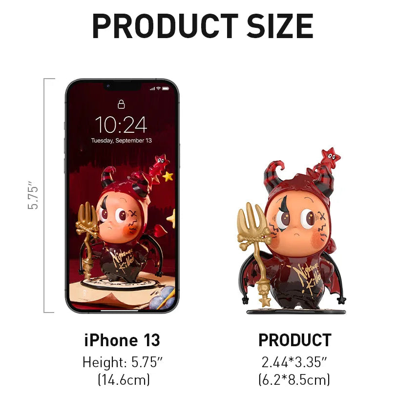 A product information sheet for the Pop Mart Twinkle Twinkle Little Devil Star Figure. The sheet includes the product name, brand, size (6.
