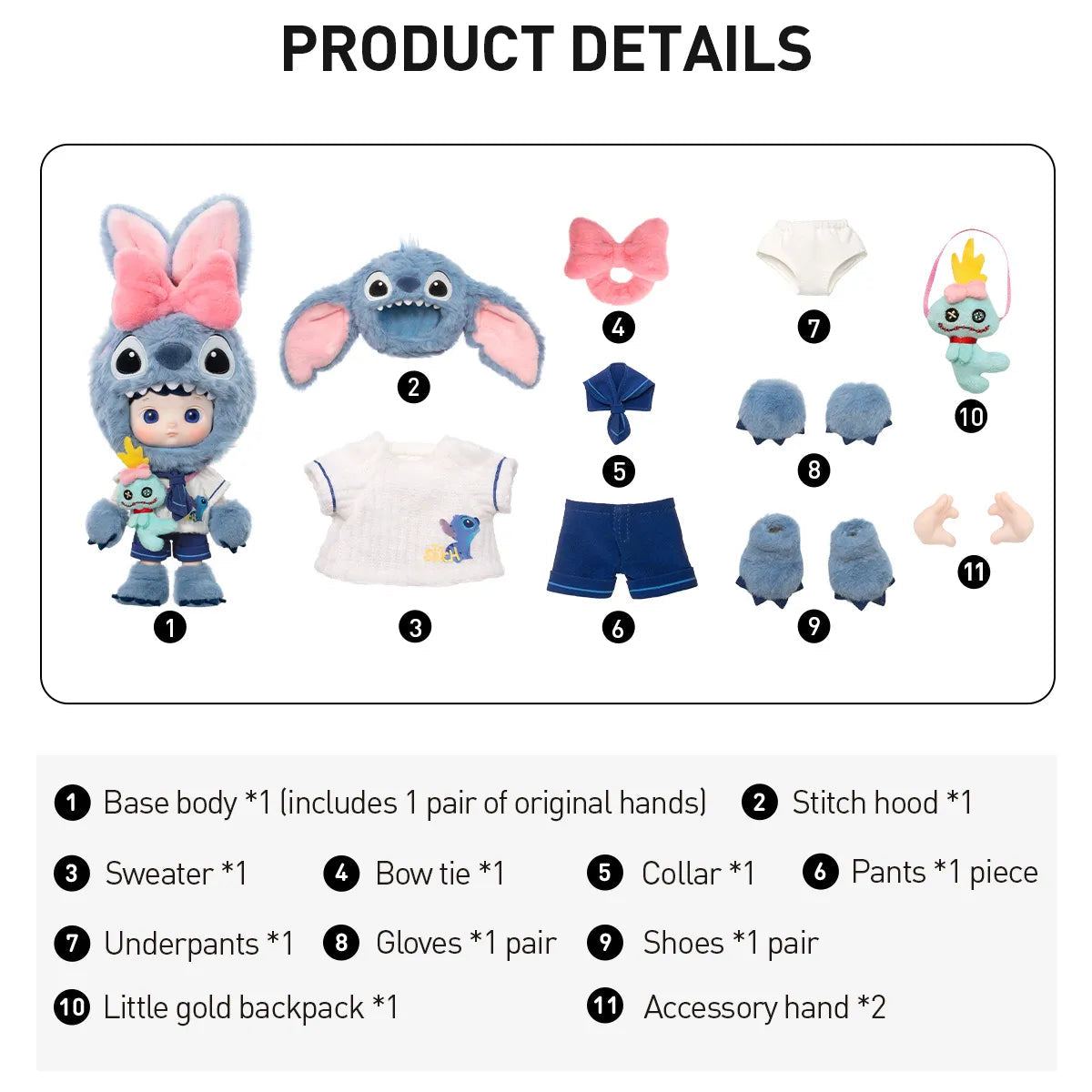 Product details sheet showing a plush doll set with numbered components and a list of included items on a white background. The set includes a blue plush body, stitched hood, pink bow, white underwear, blue shorts, blue gloves, pink booties, a small plush figure, and a gold backpack.