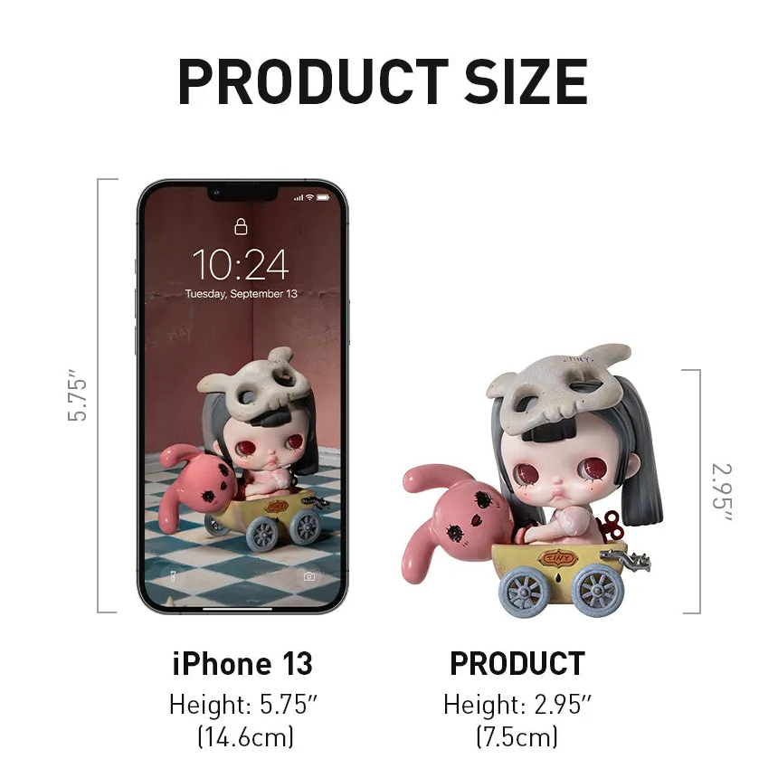 Product information card for a Tiny Tiny Lullaby Figure with dimensions and material details.