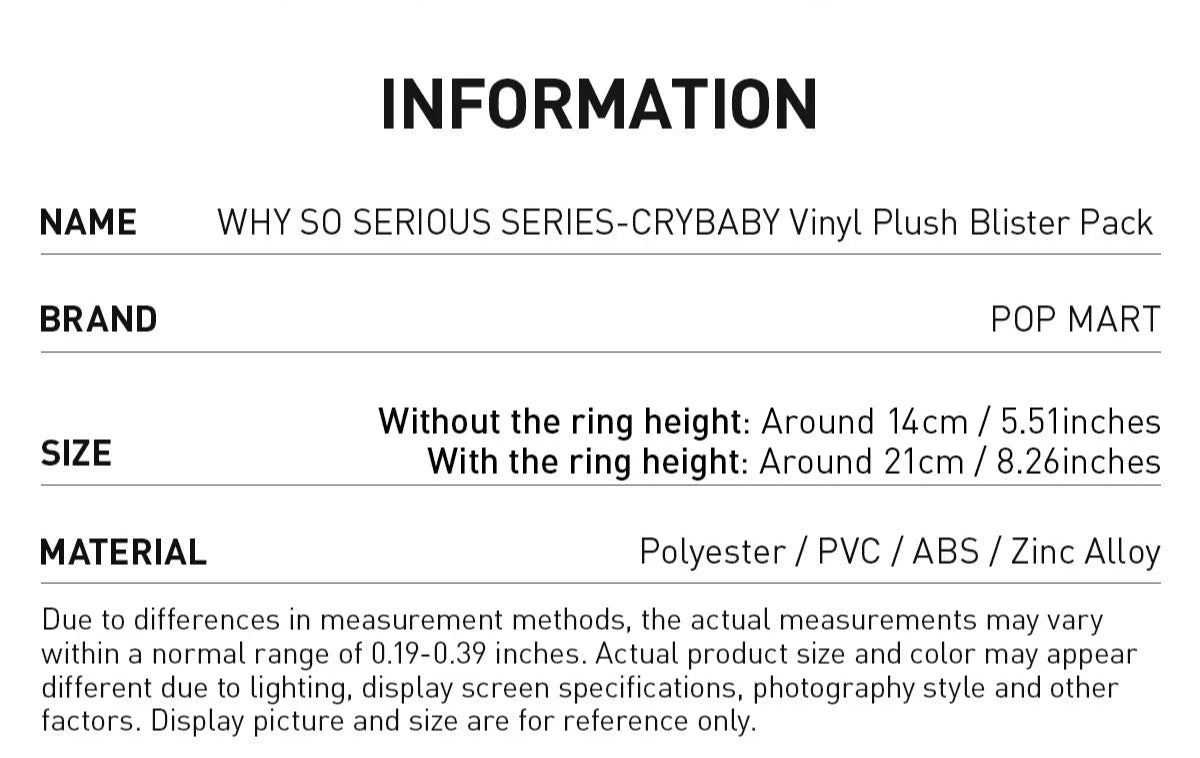 Product details of a vinyl plush toy with front and back views, including dimensions and material information.