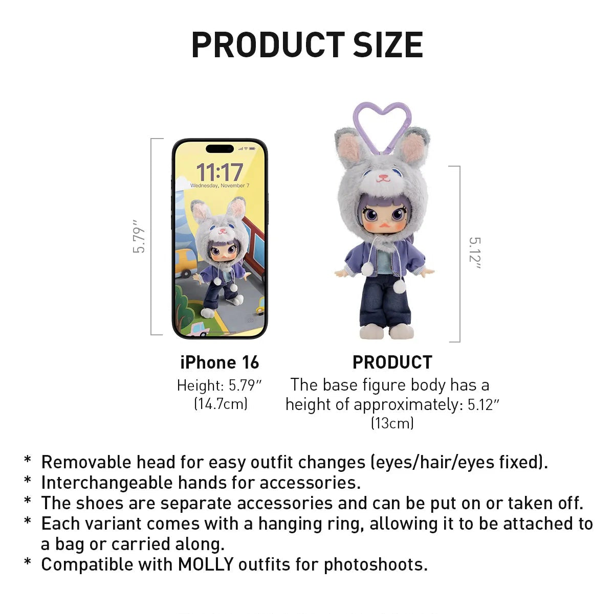 Product information graphic for a small character figure, showing product size with a phone comparison, product dimensions, bullet features, and a product display scene with multiple character variants.