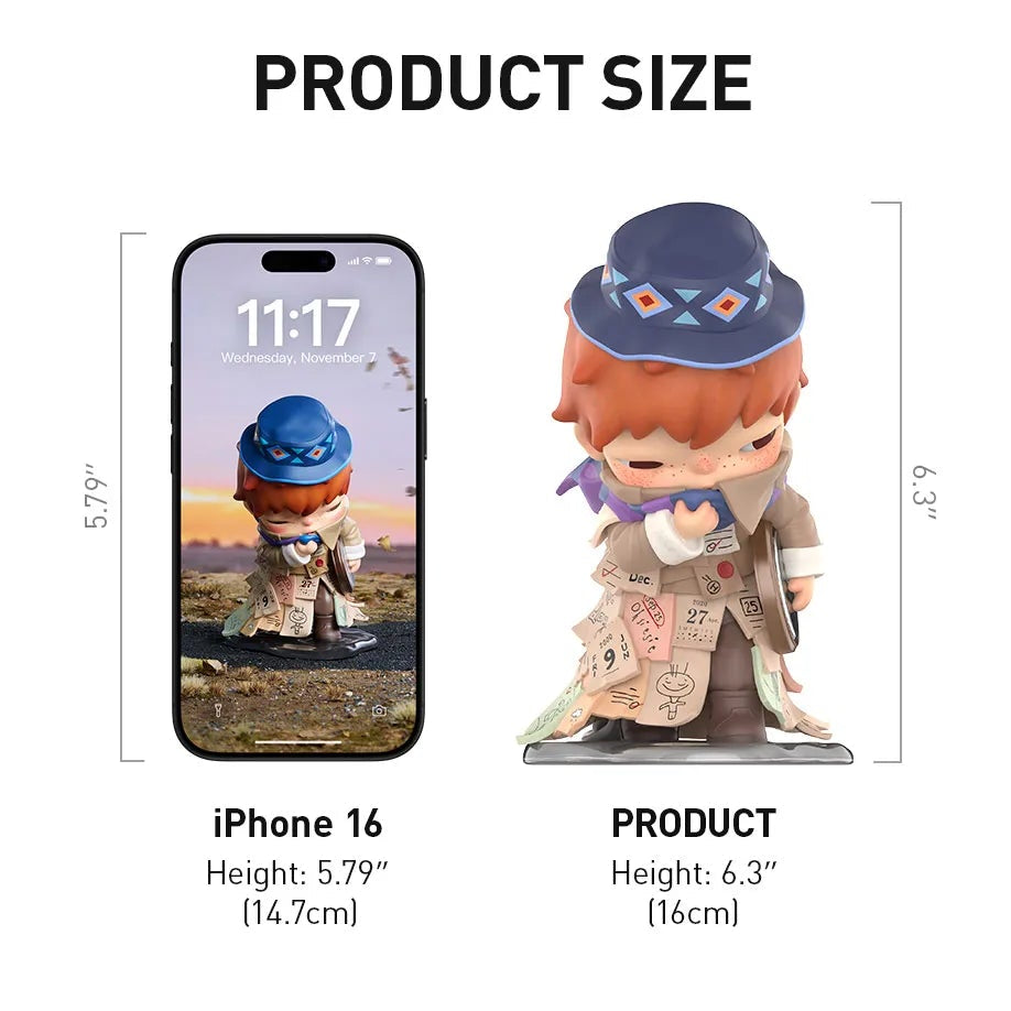 Product display with a figurine in a scenic setting, showing product size and show details.