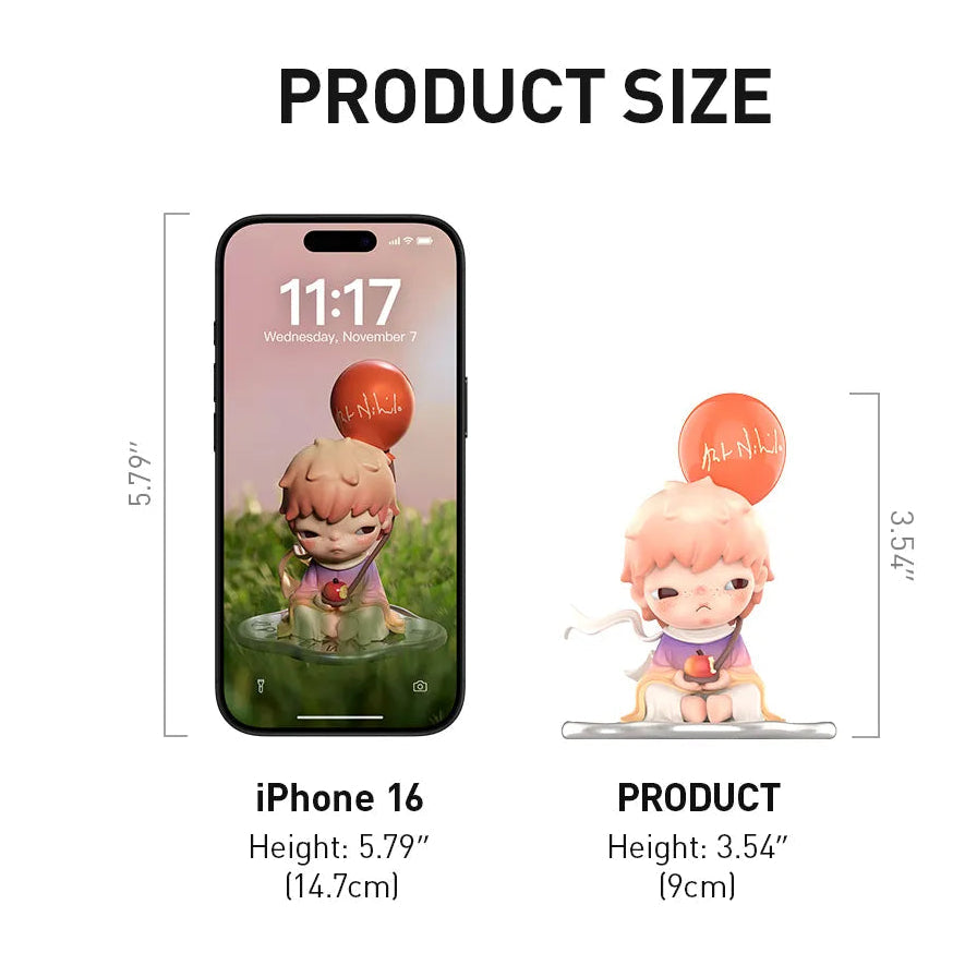 Product information card for a Hirono x Stefanie Sun AUT Nihilo figure by POP MART, including size, material, and product show comparison with an iPhone 16.