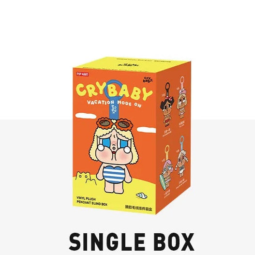 Product information and game rules for a 'Crybaby' plush pendant blind box by POP MART.