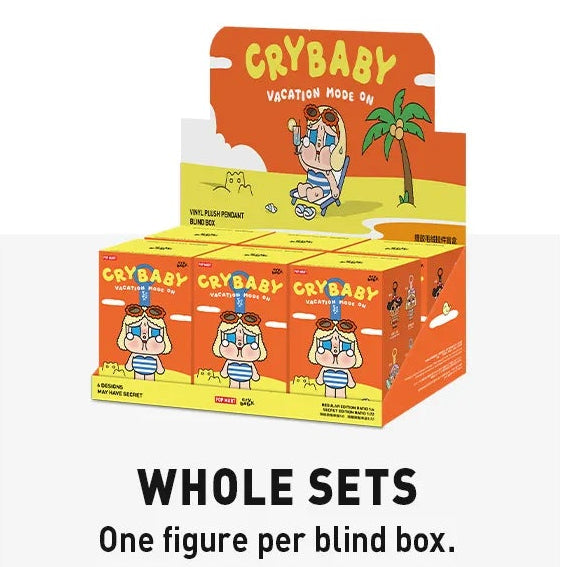 Product information and game rules for a 'Crybaby' plush pendant blind box by POP MART.