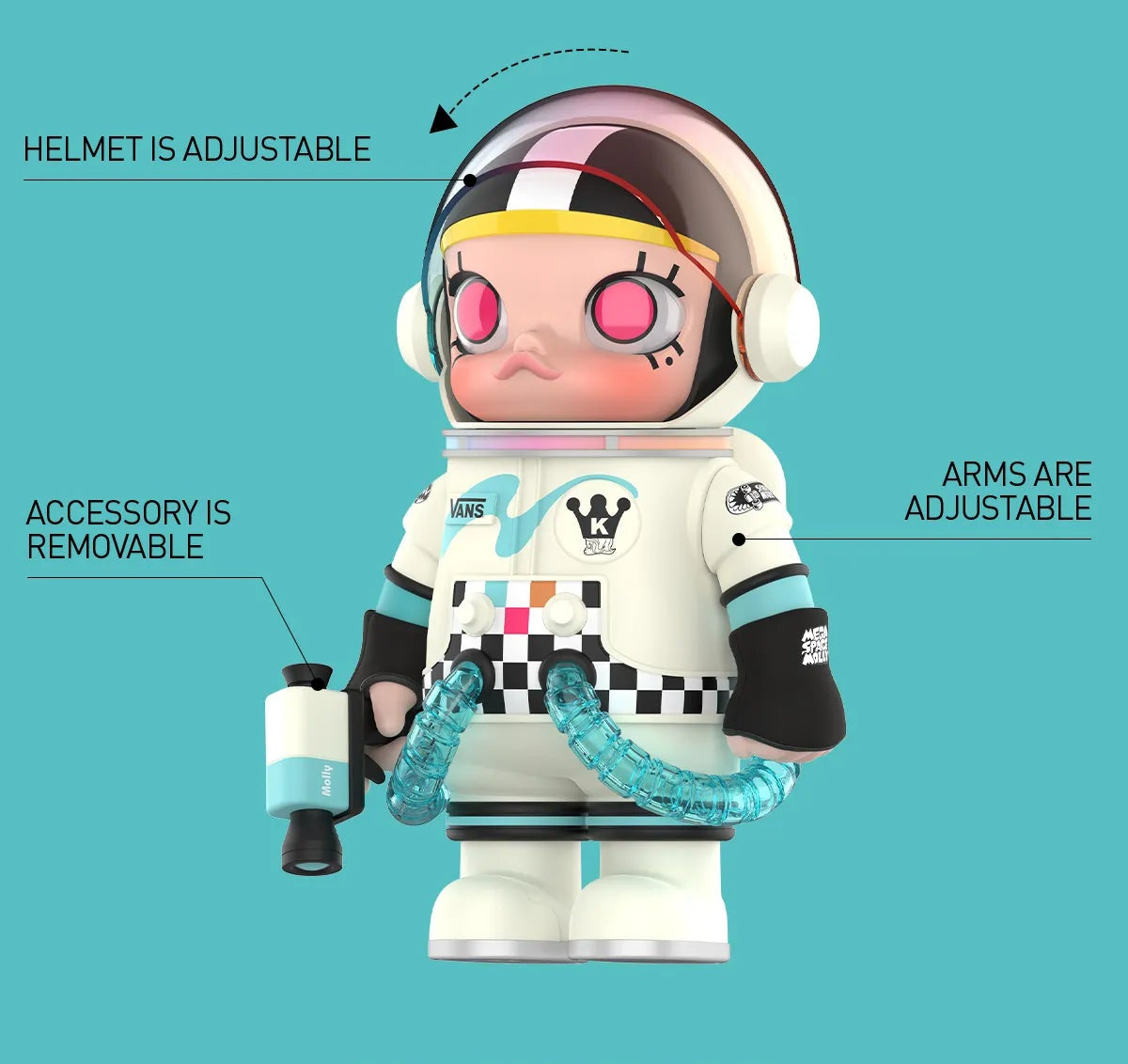 Toy figure with adjustable helmet and arms, shown with product size chart on a teal background.