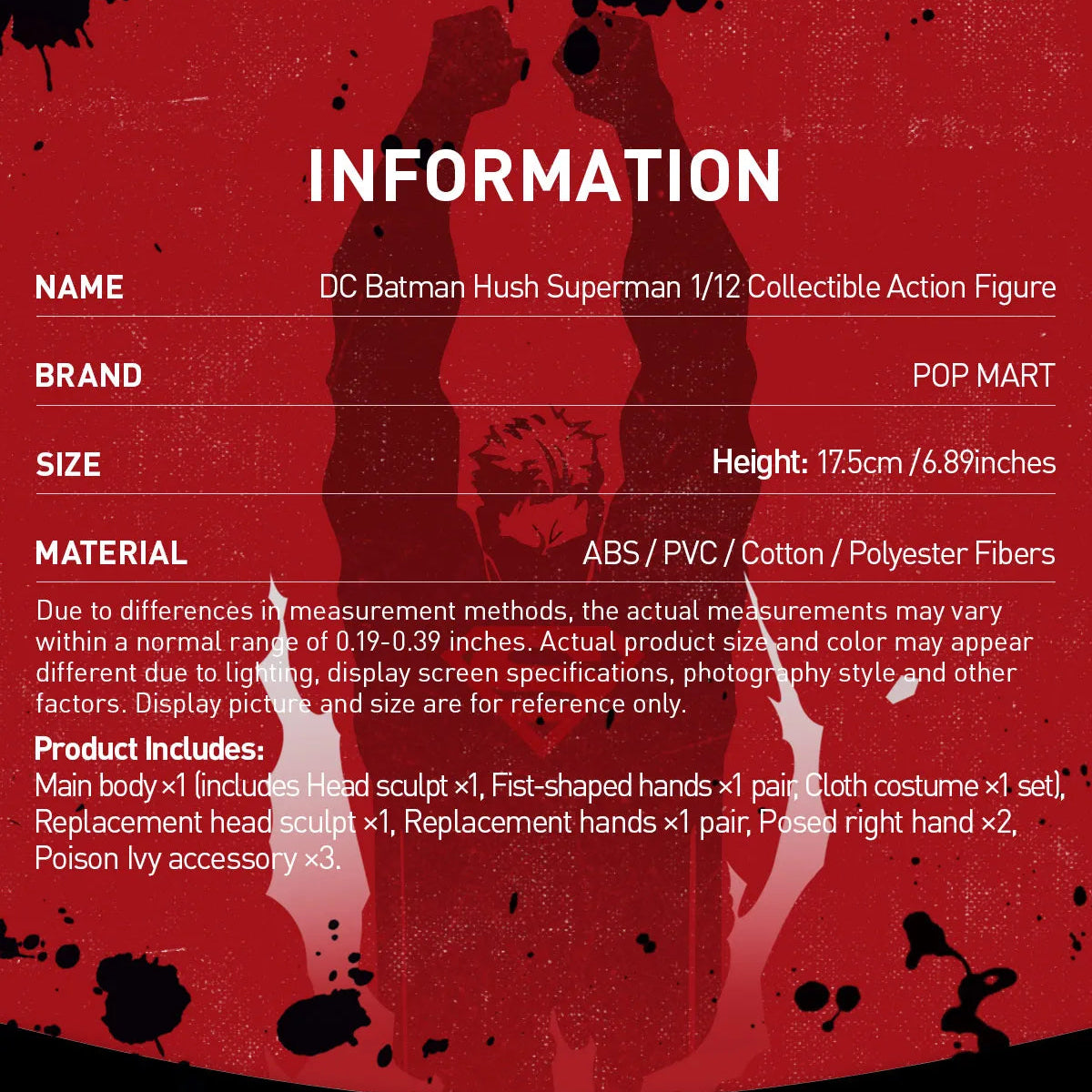 A red and black product information card for a DC Batman Hush Superman 1/12 collectible action figure by Pop Mart. The card lists product details including name, brand, size, material, and included accessories, with silhouettes of the figure on a red background and Pop Mart and DC logos at the bottom.