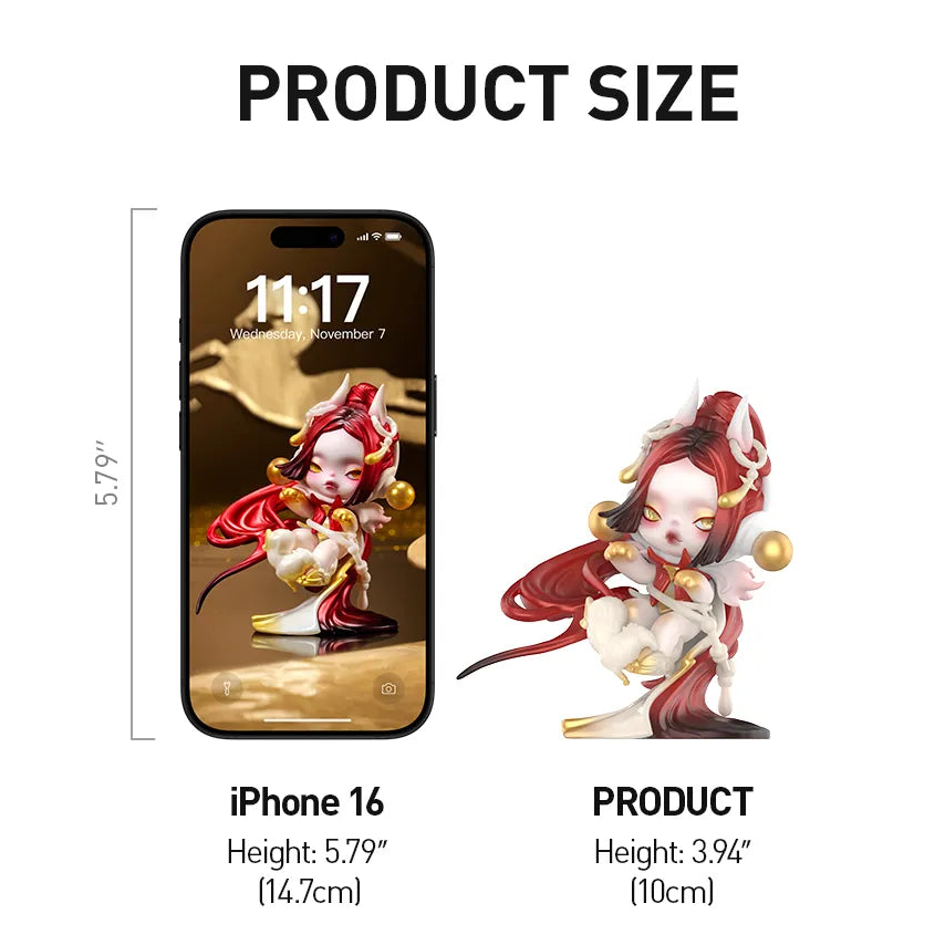 Product information card for a SKULLPANDA Celestial Horse Figure with dimensions and material details.