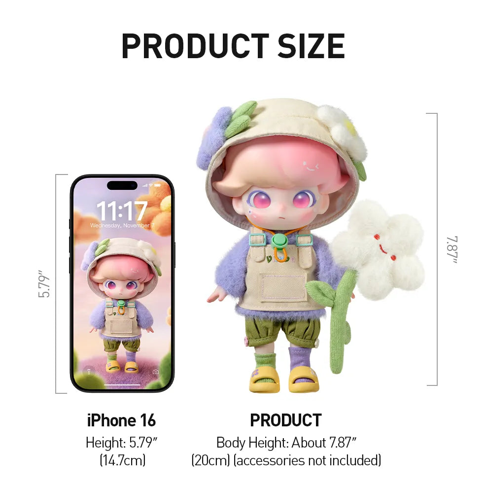 Product information card for a DIMOO Dream Journey action figure with dimensions and branding details.