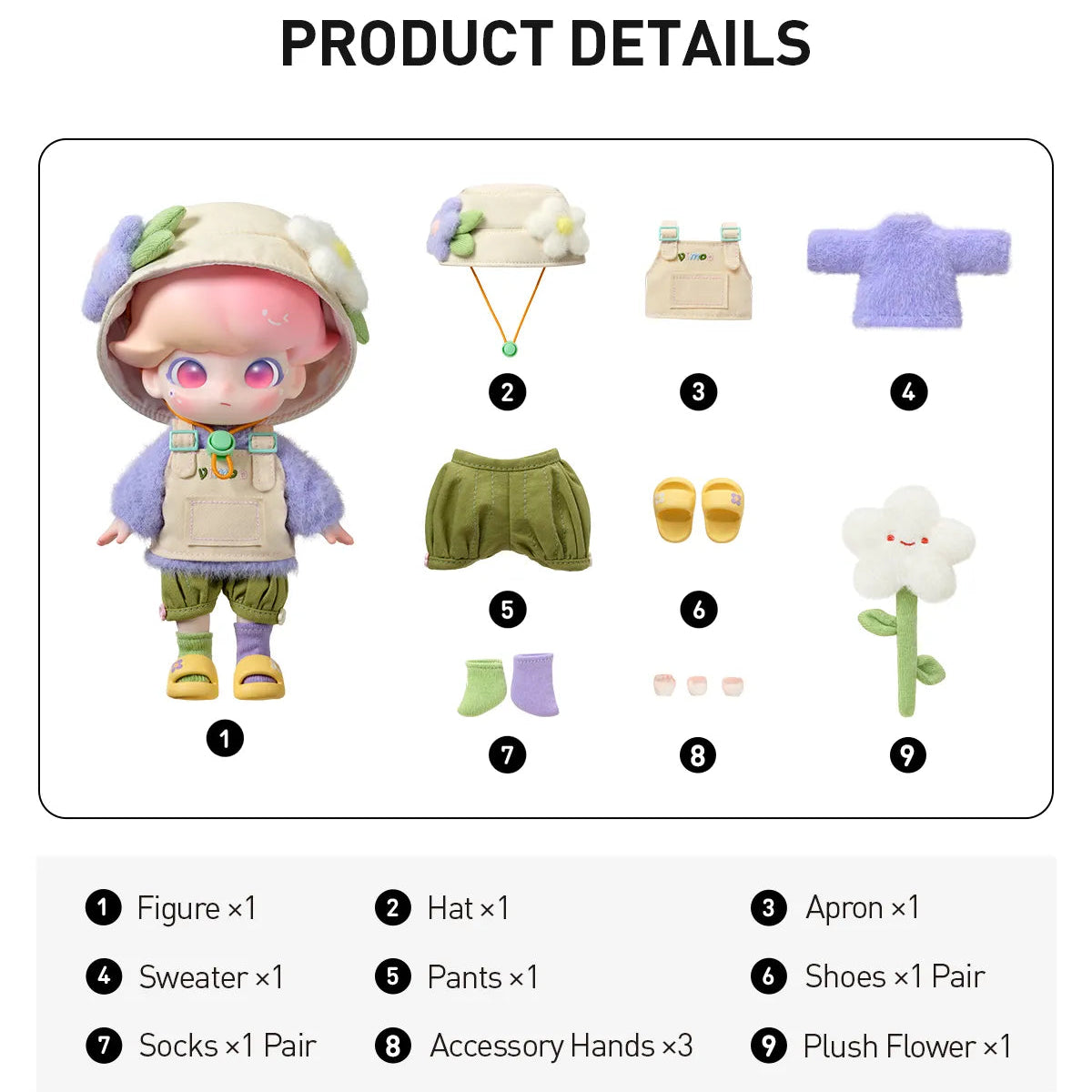 Product details of a toy figure with accessories on a white background