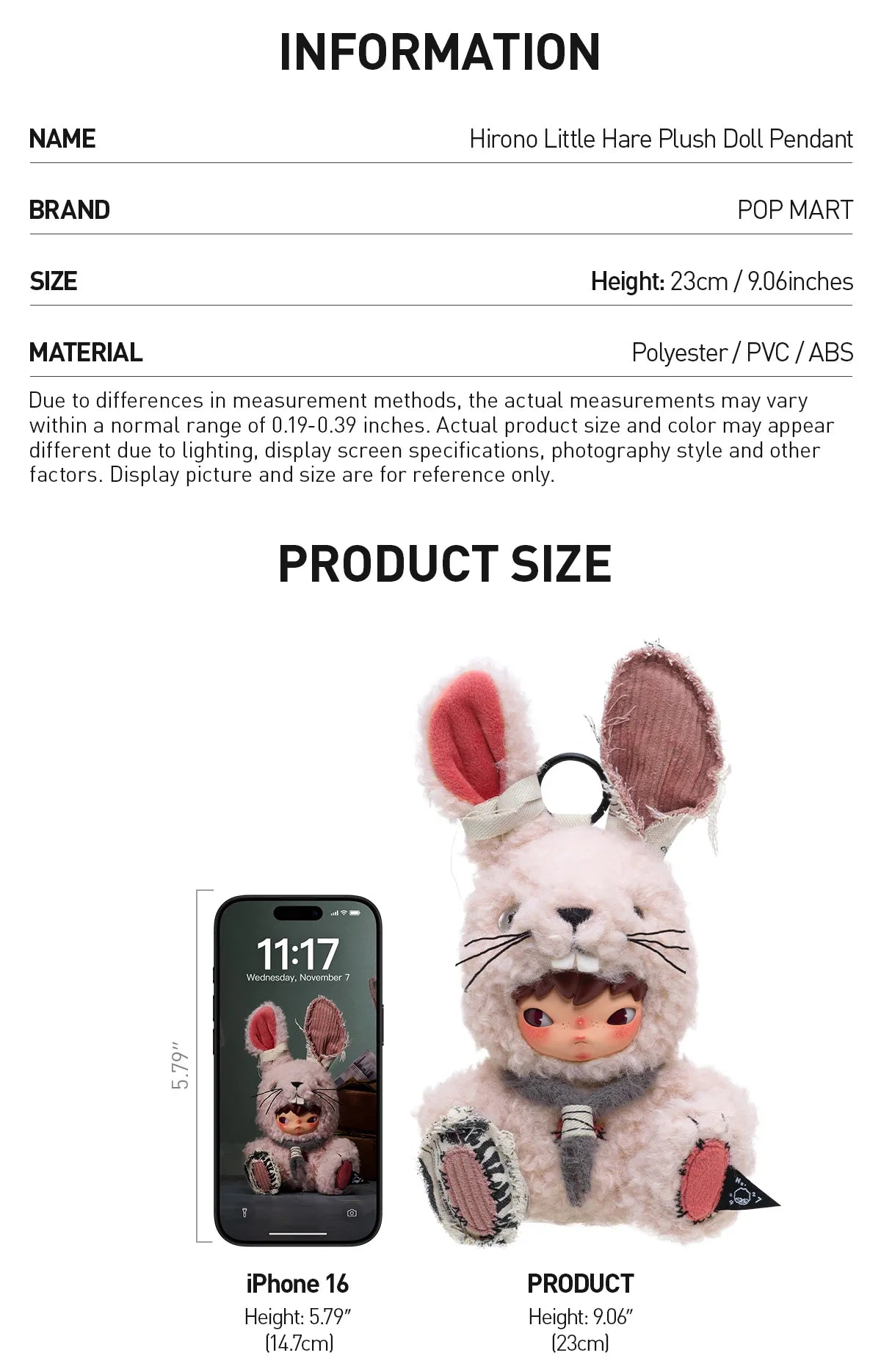 Hirono Little Hare Plush Doll Pendant