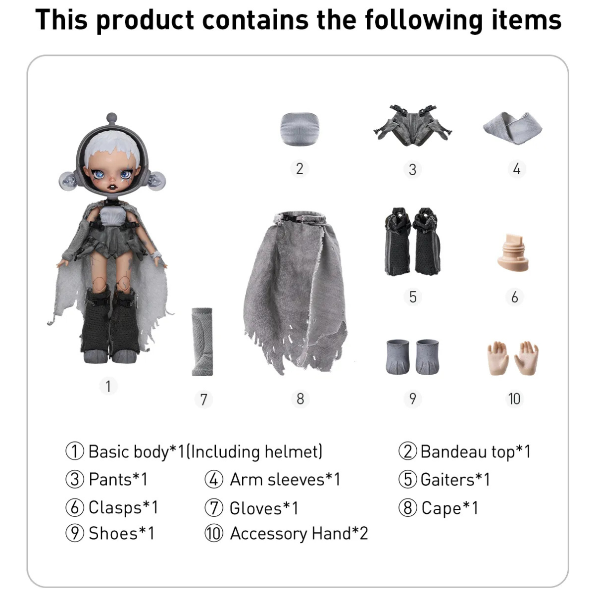 Product packaging with a doll and its accessories listed on a white background